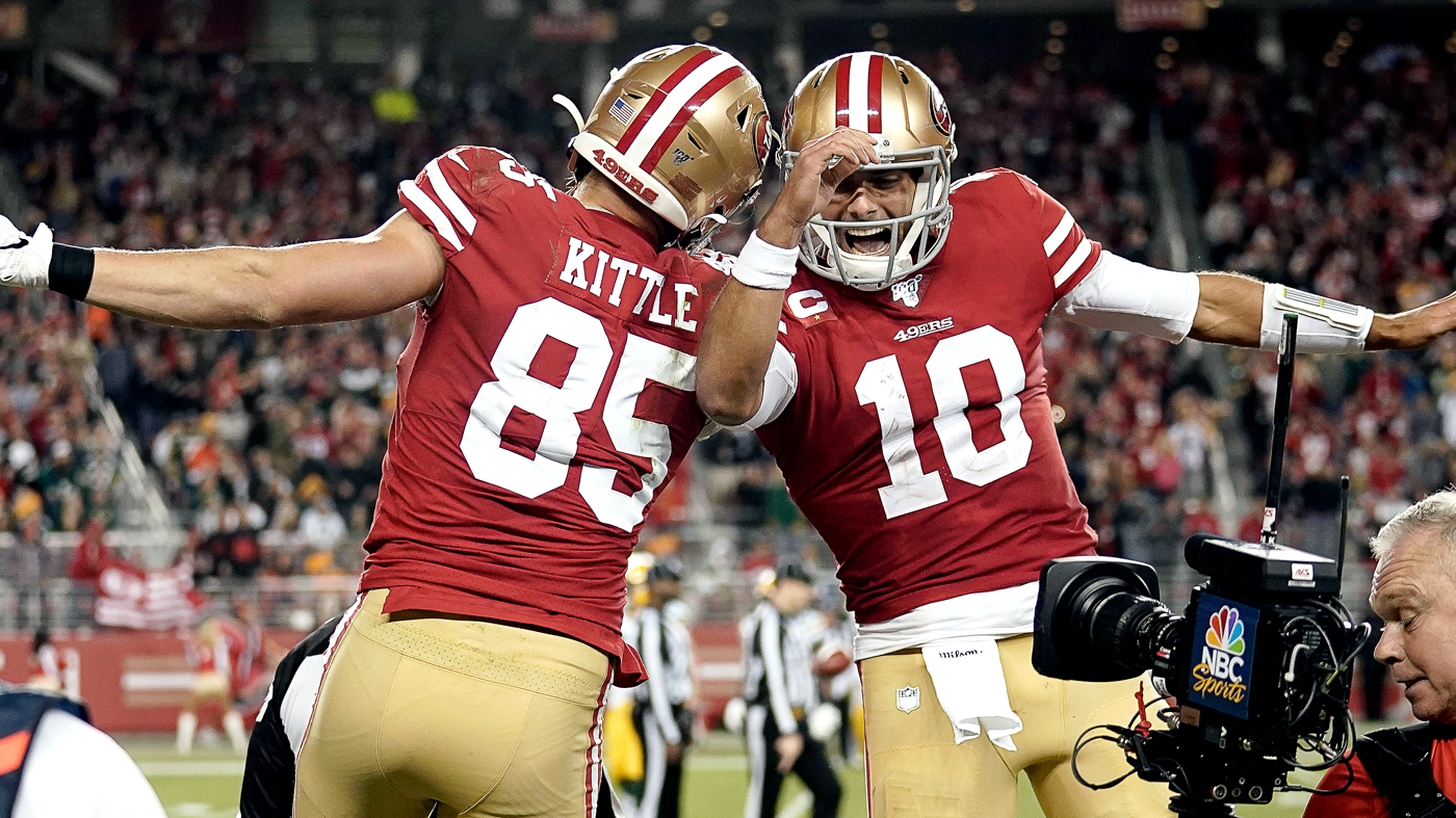 george kittle wearing jimmy g shirt